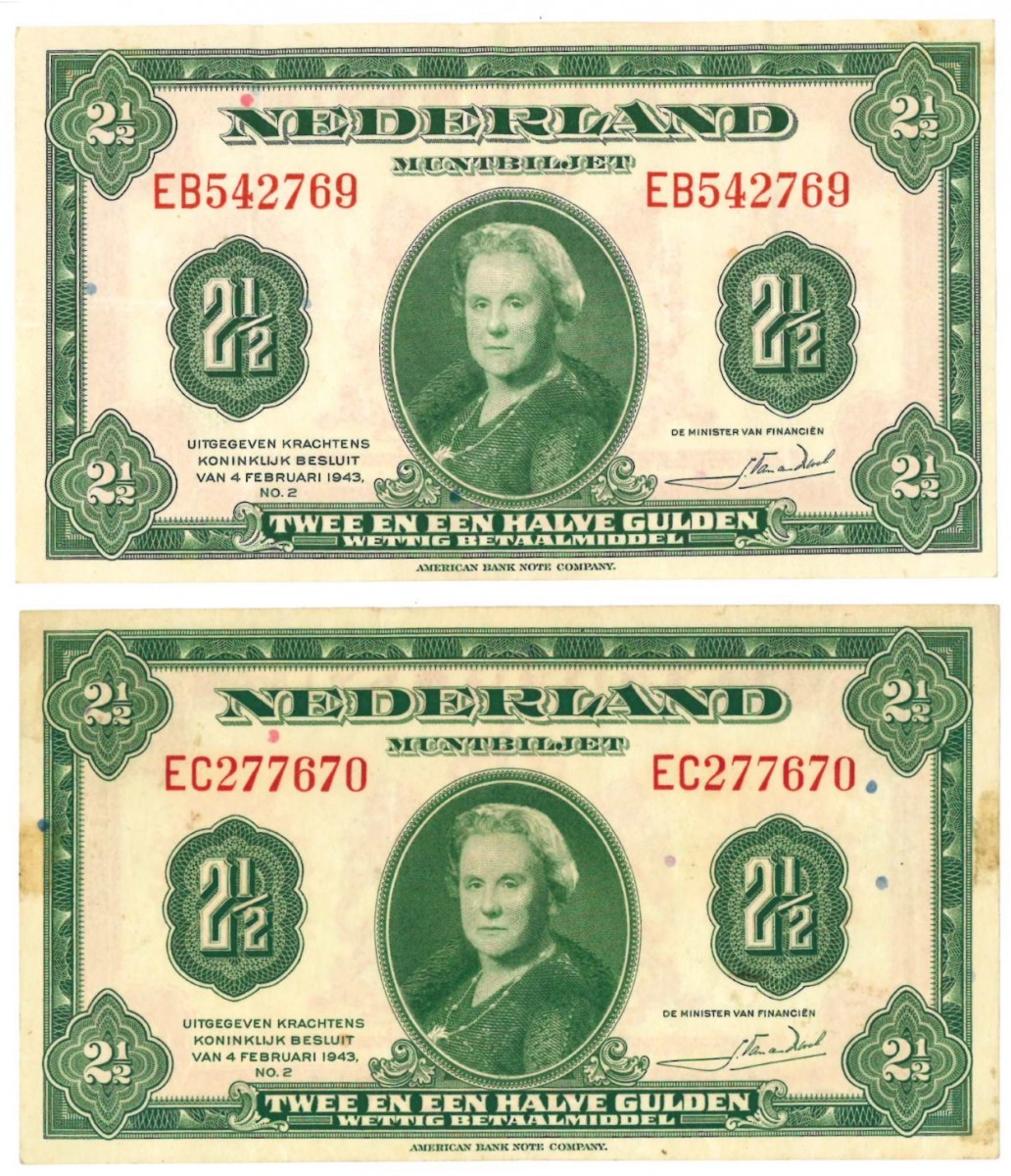 Nederland 2x 2½ gulden Muntbiljet Type 1943 - Zeer Fraai