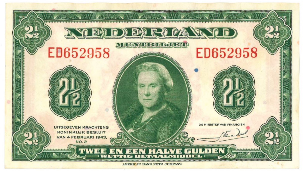Nederland 2½ gulden Muntbiljet Type 1943 Wilhelmina - Prachtig