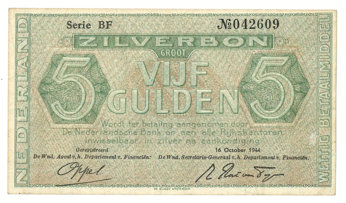 5 gulden. - Zeer Fraai.