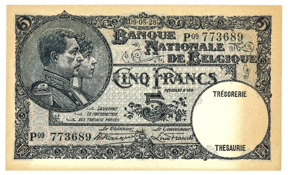 No reserve - Belgium. 5 frank. Banknote. Type 1928. - Extremely fine.