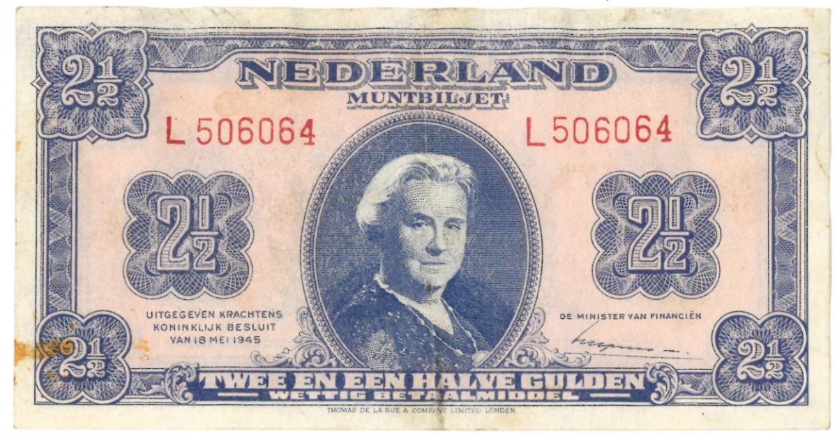 Nederland 2½ gulden Muntbiljet Type 1945 Wilhelmina II - Prachtig