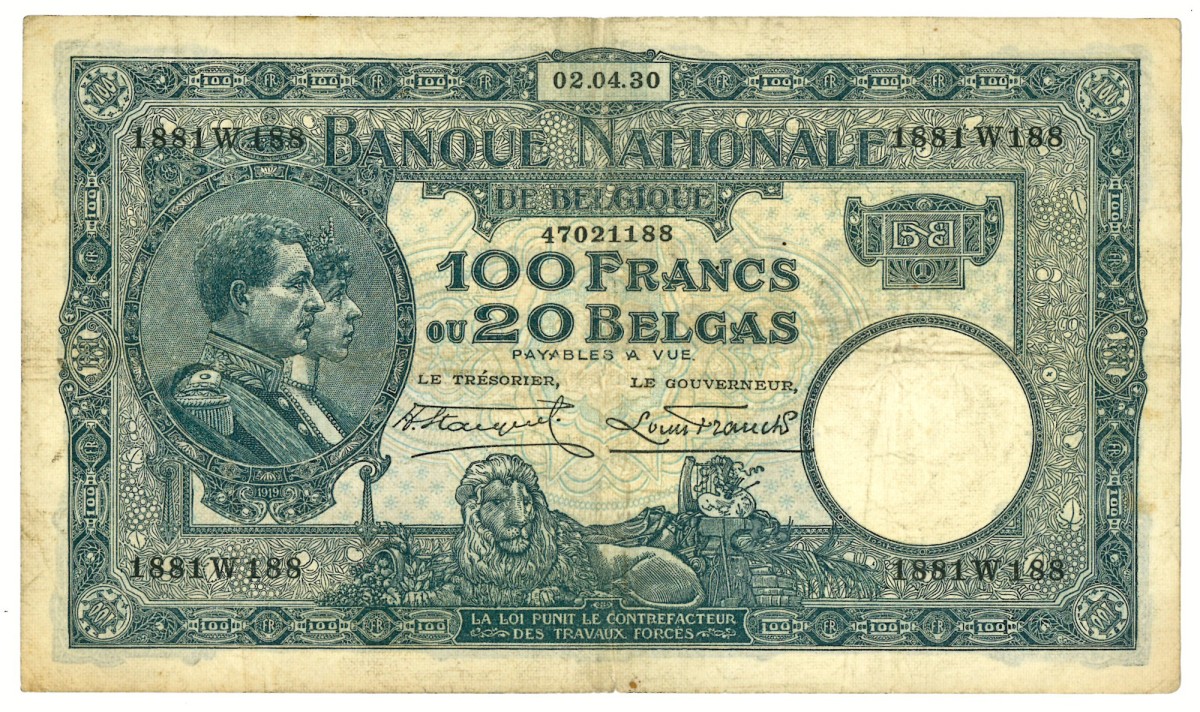 No reserve - Belgium. 100 frank. Banknote. Type 1930. - Very fine.