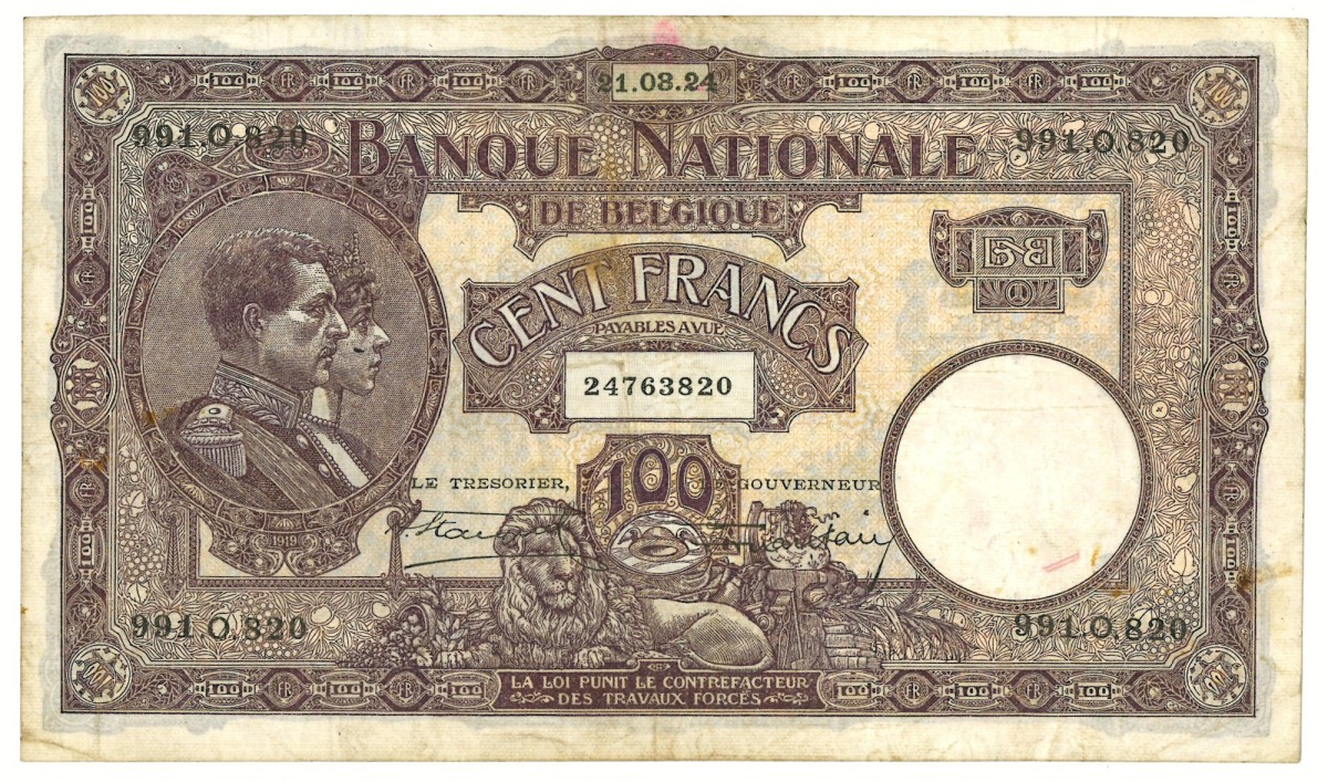 No reserve - Belgium. 100 frank. Banknote. Type 1924. - Very fine.