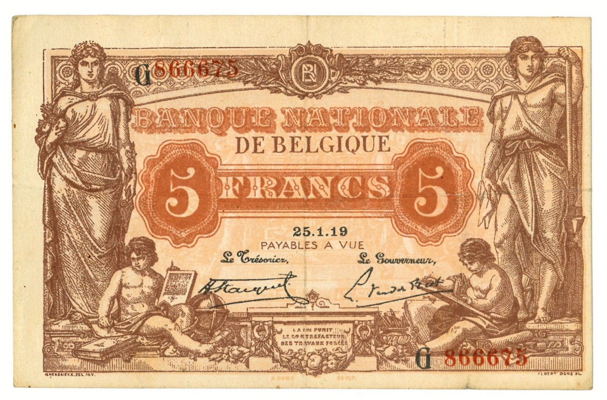 No reserve - Belgium. 5 frank. Banknote. Type 1919. - Very fine +.