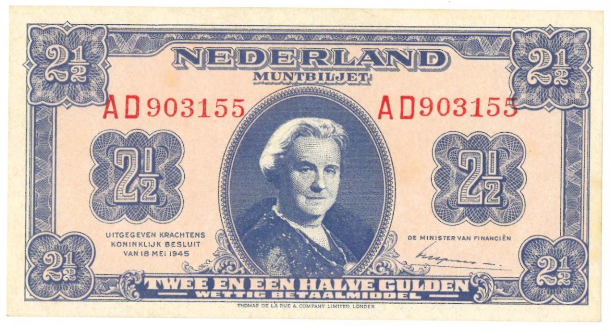 Nederland 2½ gulden Muntbiljet Type 1945 Wilhelmina II - Prachtig +