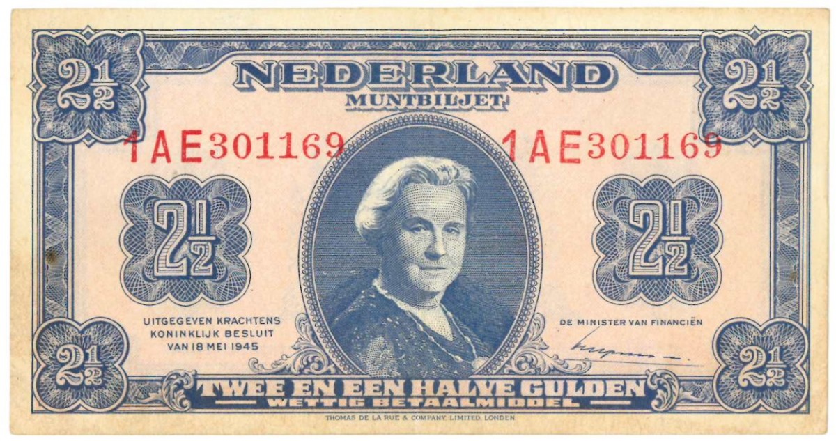 Nederland 2½ gulden Muntbiljet Type 1945 Wilhelmina II - Zeer Fraai +