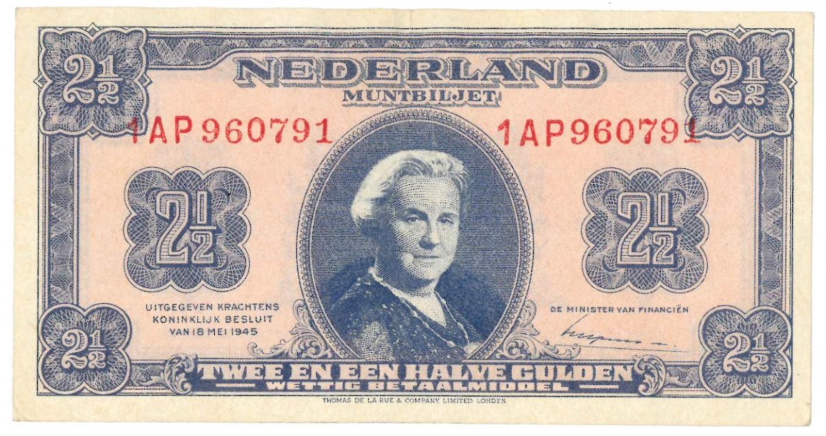 Nederland 2½ gulden Muntbiljet Type 1945 Wilhelmina II - Prachtig