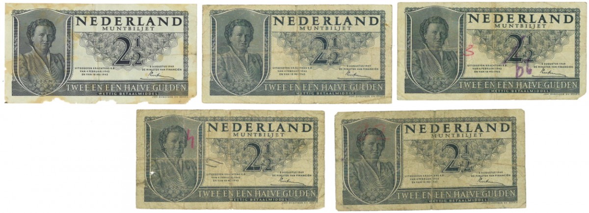 Nederland 5x 2½ gulden Muntbiljet Type 1949 Juliana - Zeer Goed