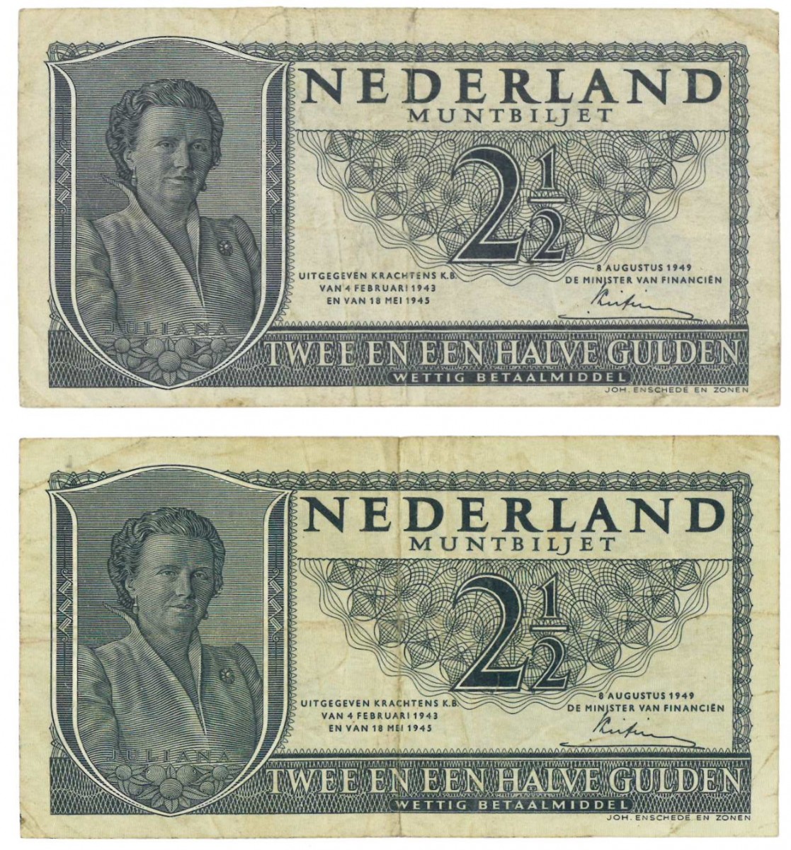 Nederland 2x 2½ gulden Muntbiljet Type 1949 - Fraai