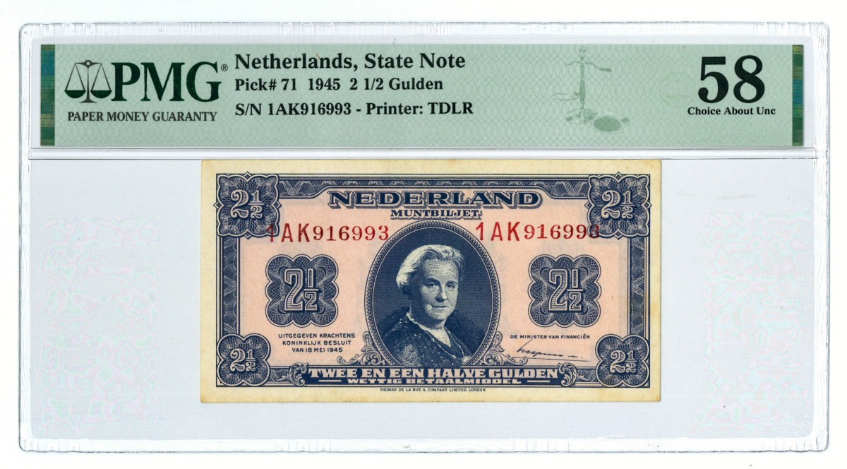 Nederland. 2½ gulden. Muntbiljet. Type 1945. - PMG 58