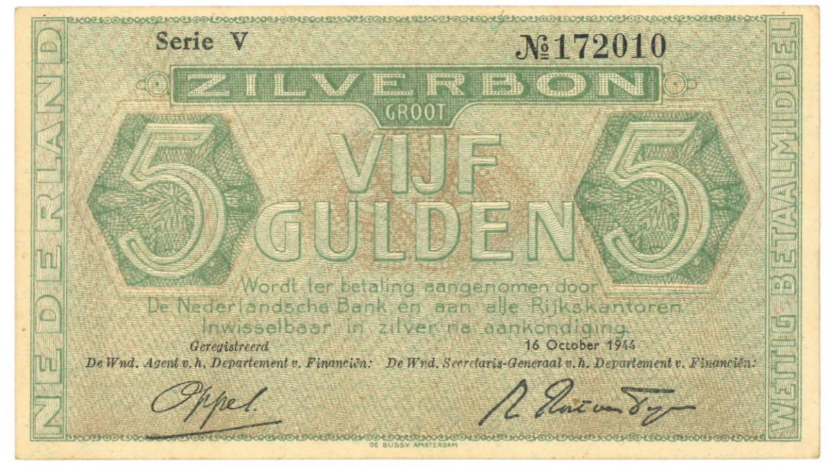 Nederland 5 gulden Zilverbon Type 1944 - Zeer Fraai -