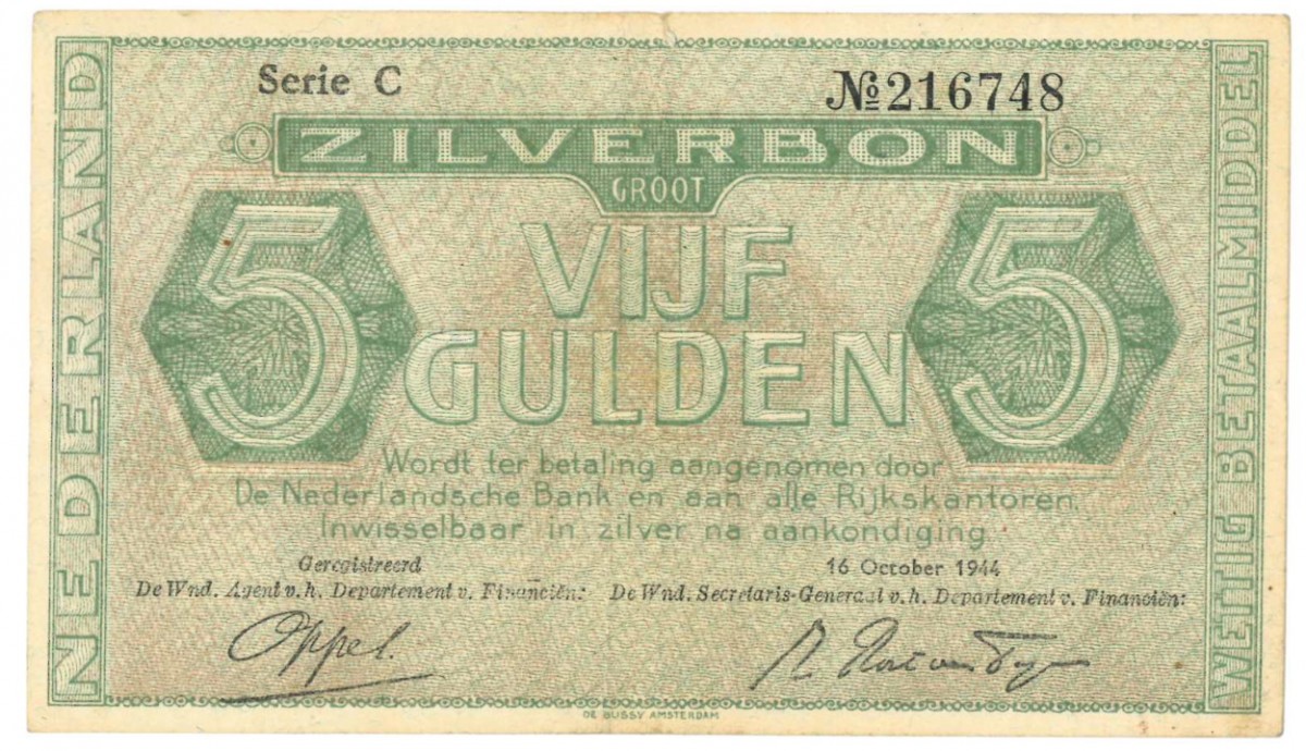 Nederland 5 gulden Zilverbon Type 1944 - Zeer Fraai -