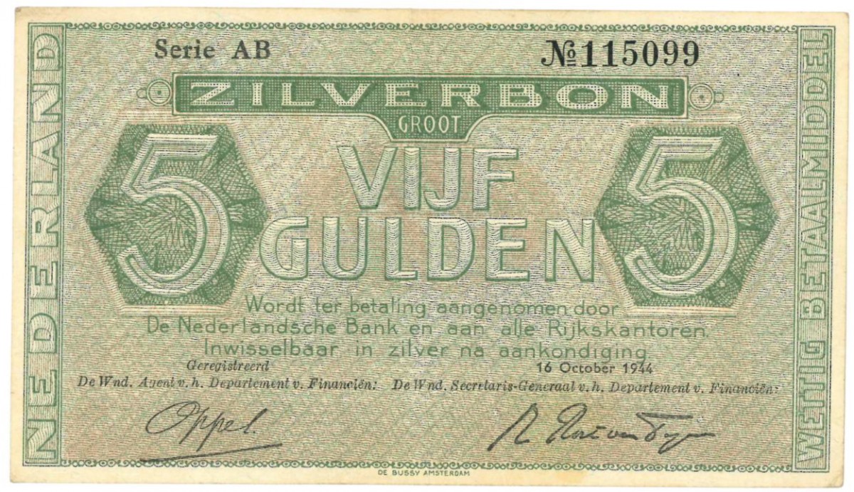 Nederland 5 gulden Zilverbon Type 1944 - Zeer Fraai +