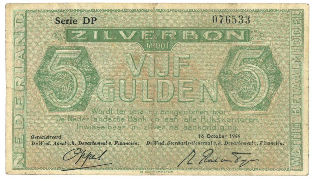 Nederland 5 gulden Zilverbon Type 1944 - Fraai