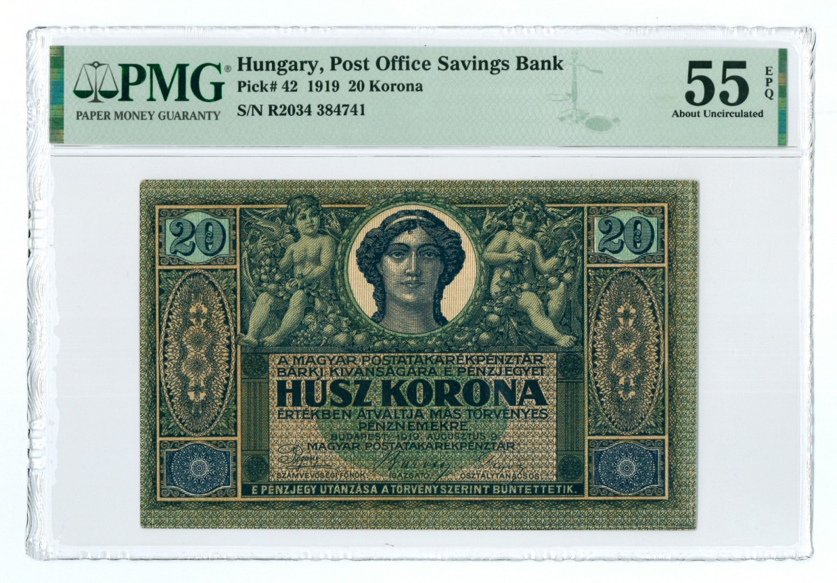 Hungary. 20 korona. Banknote. Type 1919. - PMG 55EPQ.