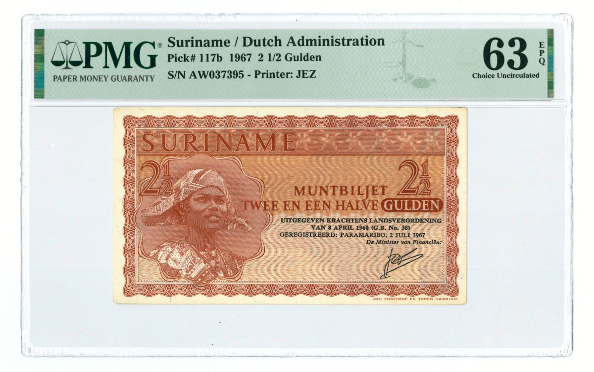 Suriname. 2½ gulden. Muntbiljet. Type 1967. - PMG 63EPQ.