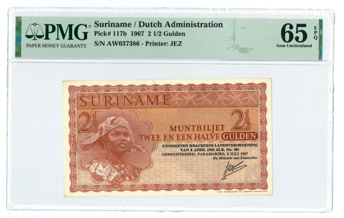 Suriname. 2½ gulden. Muntbiljet. Type 1967. - PMG 65EPQ.