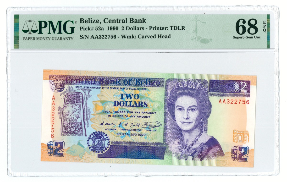 Belize. 2 dollars. Banknote. Type 1990. - PMG 68EPQ.