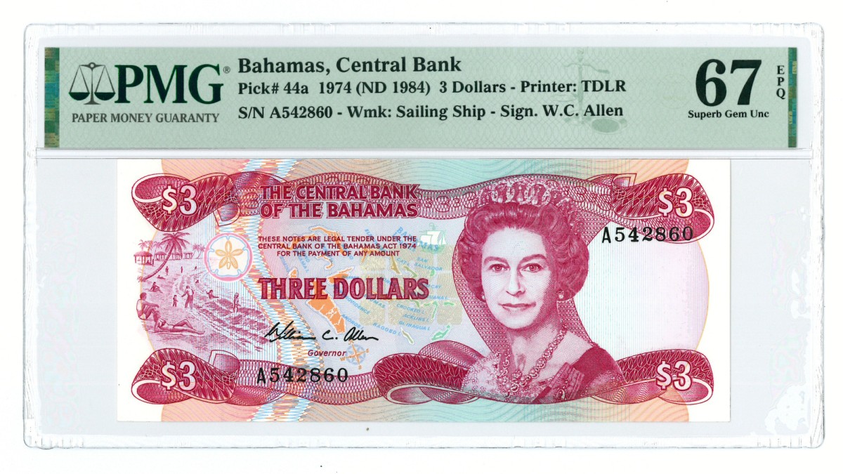 Bahamas. 3 dollars. Banknote. Type 1974. - PMG 67EPQ.