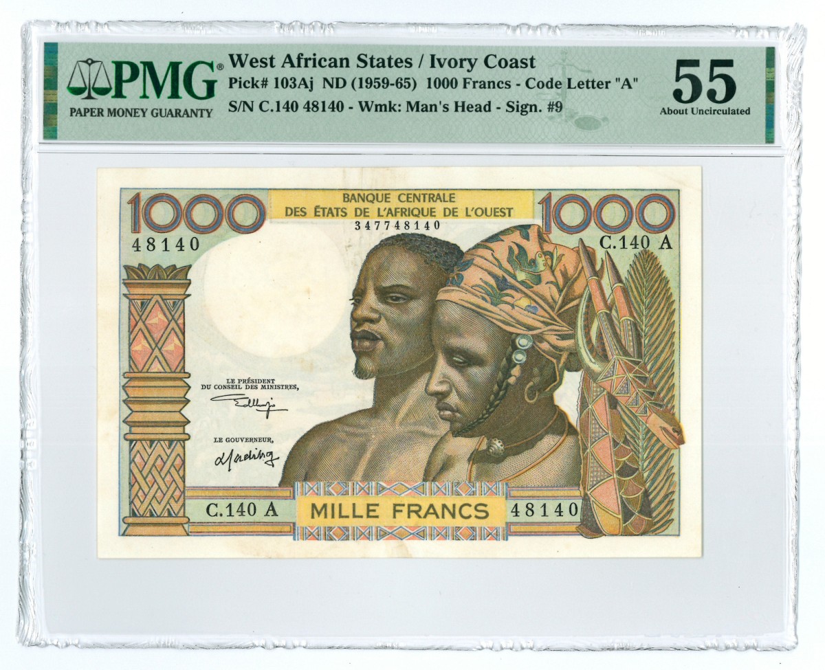 West-African States. 1000 francs. Banknote. Type 1959/1965. - PMG 55.