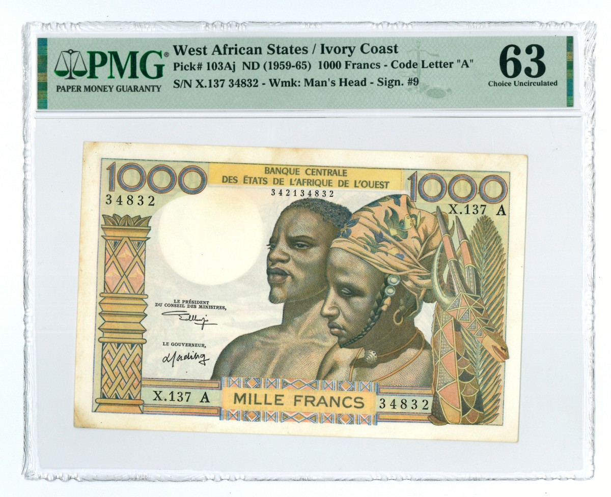 West-African States. 1000 francs. Banknote. Type 1959-1965. - PMG 63.