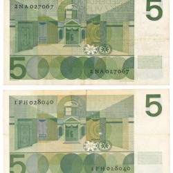 Nederland 2x 5 gulden Bankbiljet Type 1966 Vondel I - Fraai / Zeer Fraai