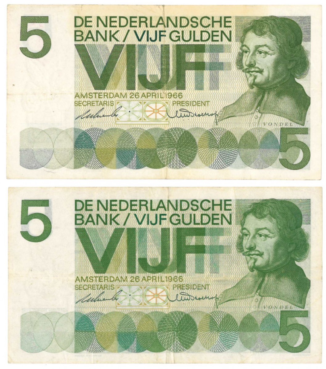 Nederland 2x 5 gulden Bankbiljet Type 1966 Vondel I - Fraai / Zeer Fraai