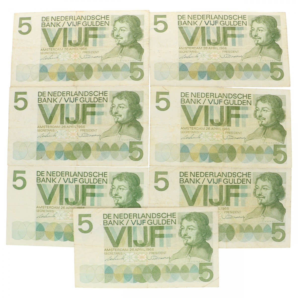 Nederland 7x 5 gulden Bankbiljet Type 1966 Vondel I - Fraai