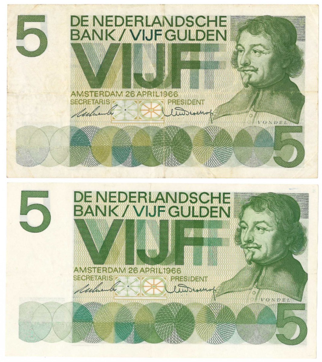 Nederland 2x 5 gulden Bankbiljet Type 1966 Vondel I - Fraai / Zeer Fraai