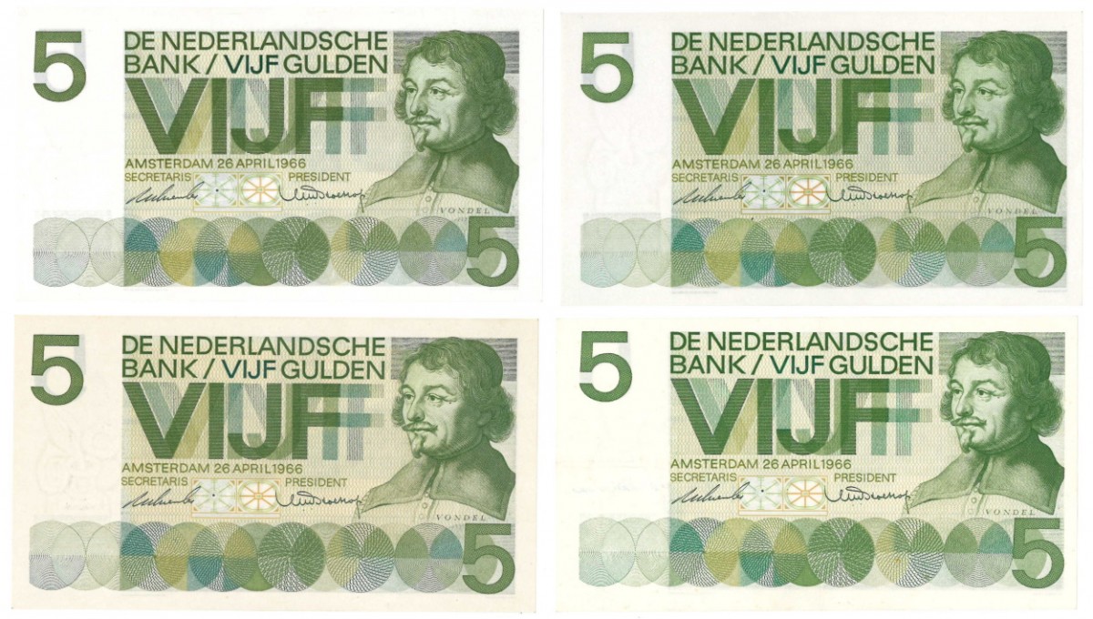 Nederland 4x 5 gulden Bankbiljet Type 1966 Vondel I - Zeer Fraai / Prachtig