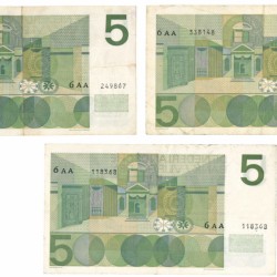Nederland 3x 5 gulden Bankbiljet Type 1966 Vondel I - Fraai