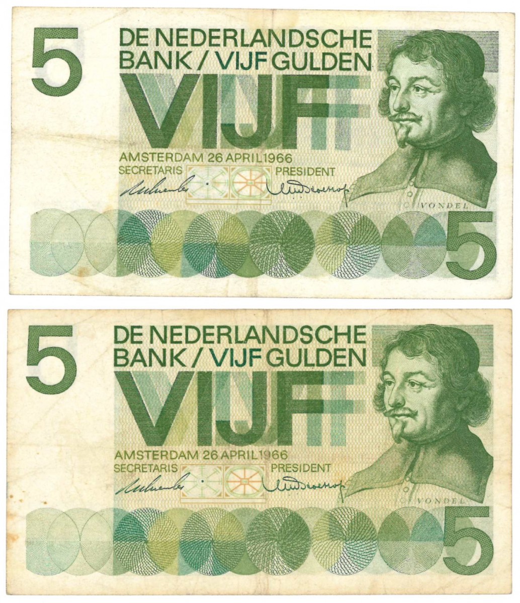 Nederland 2x 5 gulden Bankbiljet Type 1966 Vondel I - Fraai -