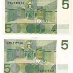 Nederland 2x 5 gulden Bankbiljet Type 1966 Vondel I - Zeer Fraai / Prachtig