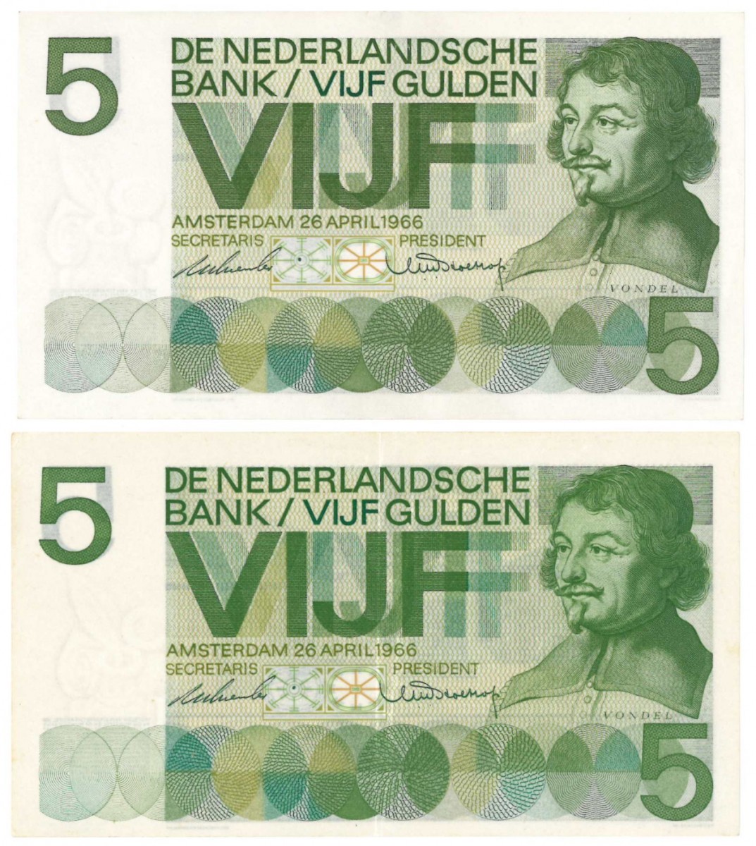 Nederland 2x 5 gulden Bankbiljet Type 1966 Vondel I - Zeer Fraai / Prachtig