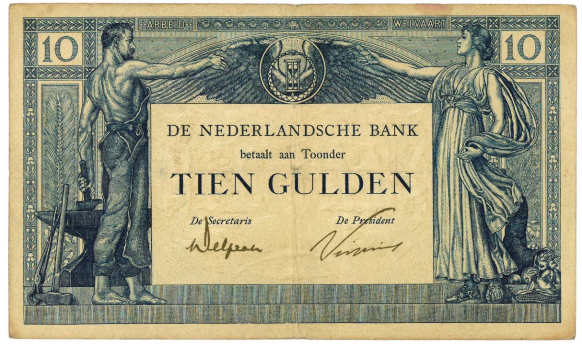Nederland 10 gulden bankbiljet Type 1921 Arbeid en Welvaart II - Fraai -