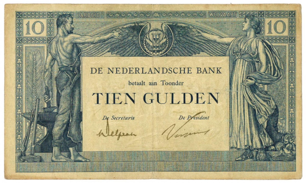 Nederland 10 gulden bankbiljet Type 1921 Arbeid en Welvaart II - Fraai +
