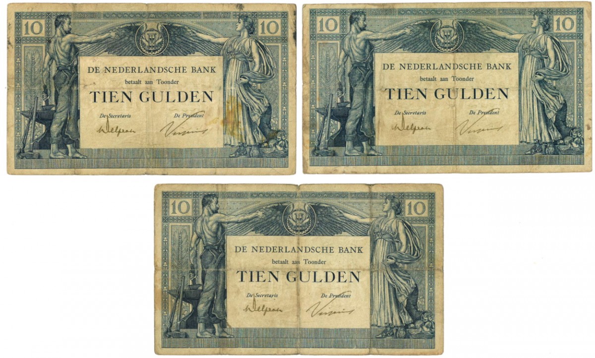 Nederland 3x 10 gulden Bankbiljet Type 1921 Arbeid en Welvaart II - Zeer Goed