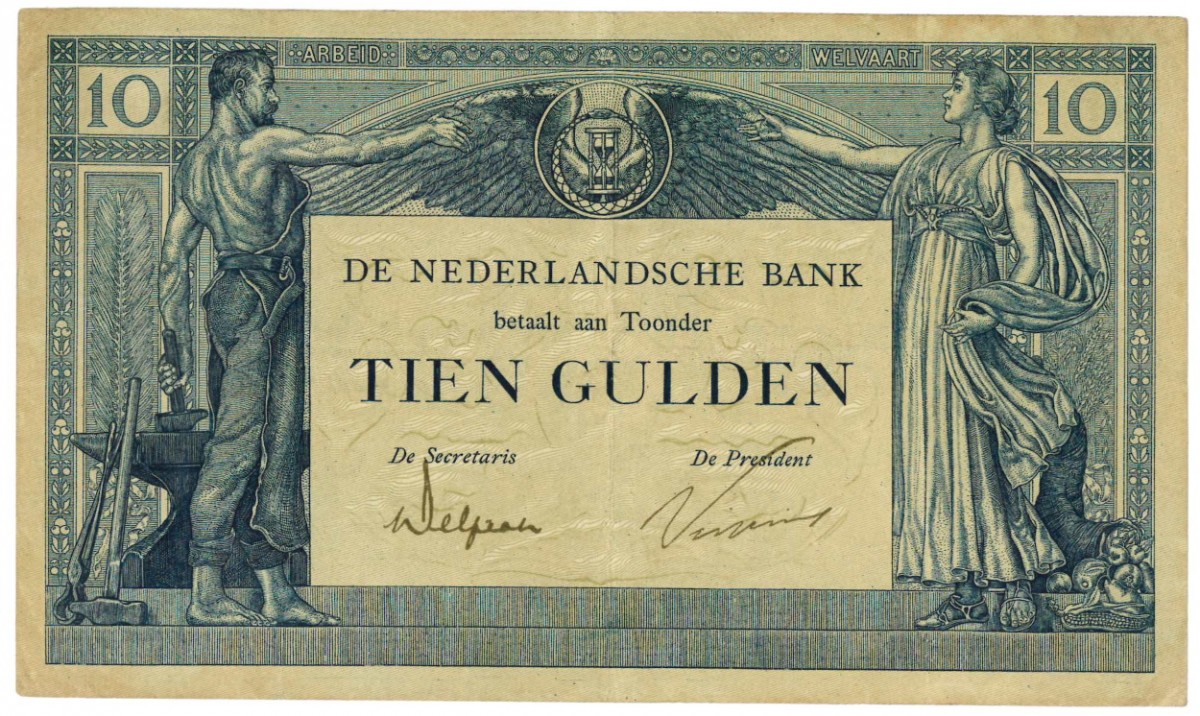Nederland 10 gulden bankbiljet Type 1921 Arbeid en Welvaart II - Zeer Fraai -