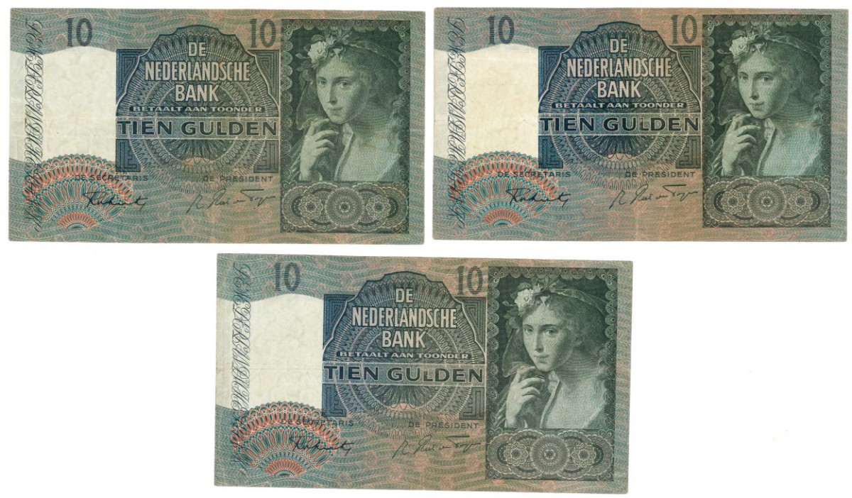 Nederland 3x 10 gulden bankbiljet Type 1940 II Meisje met druiven - Zeer Fraai -
