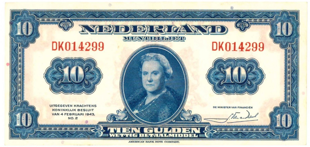 Nederland 10 gulden Muntbiljet Type 1943 II Wilhelmina - Prachtig