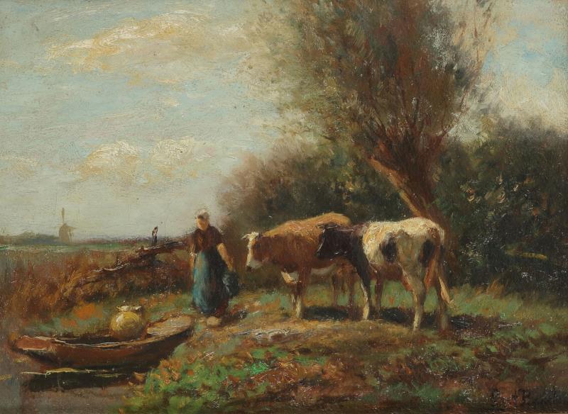 Pieter (Piet) Adrianus Bouter (Gouda 1887 - 1968 Den Haag), een koehoedster met vee.
