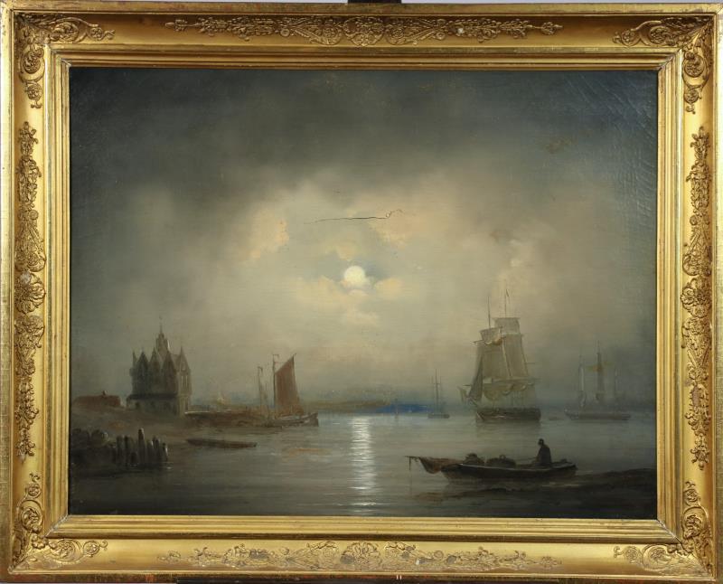 Hollandse school, 19e eeuw. Rivier bij maanlicht.