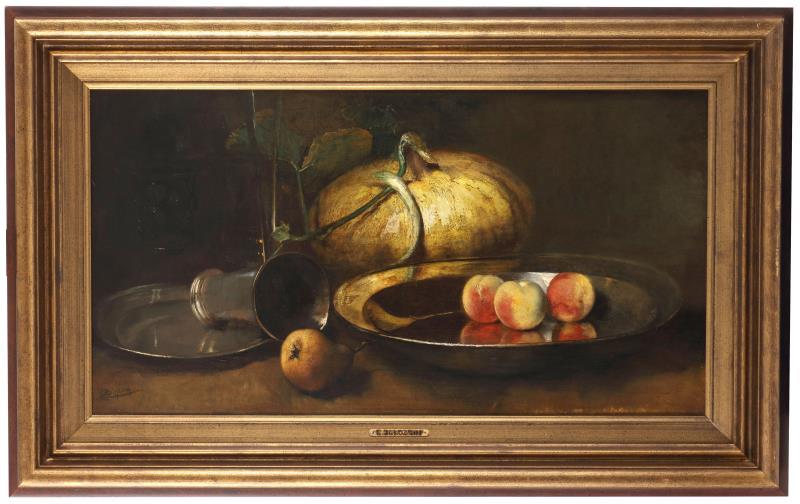 Christoffel Bisschop (Leeuwarden 1828 - 1904 Scheveningen), stilleven met kalebas en perzikken op een tinnen schaal.