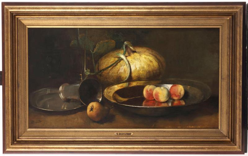Christoffel Bisschop (Leeuwarden 1828 - 1904 Scheveningen), stilleven met kalebas en perzikken op een tinnen schaal.