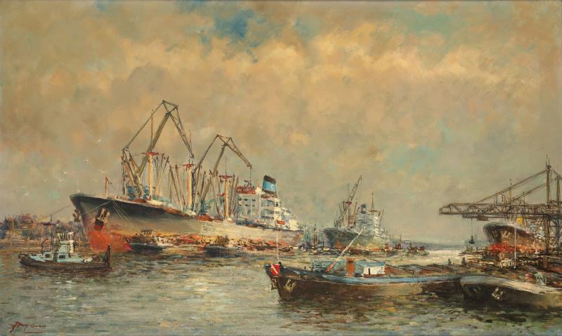 Joop Molenaar (Rotterdam 1914 - 1990), vrachtschepen in de Rotterdamse haven.