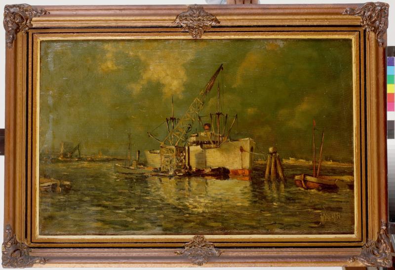 J. Bruin 20e eeuw, het laden van een vrachtschip.
