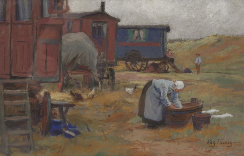 Edgar Farasyn (Antwerpen 1858 - 1938) , Een zigeunerkamp in de duinen, Katwijk aan Zee.
