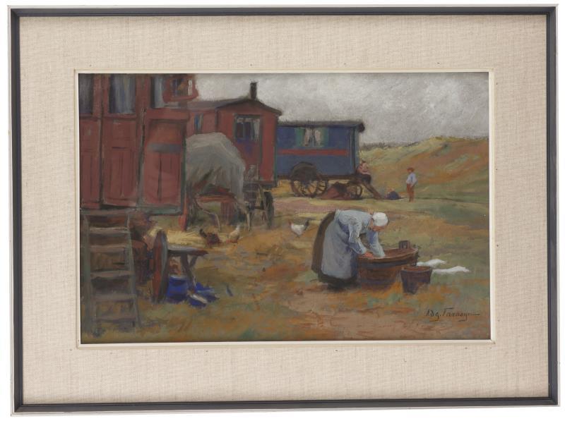 Edgar Farasyn (Antwerpen 1858 - 1938) , Een zigeunerkamp in de duinen, Katwijk aan Zee.