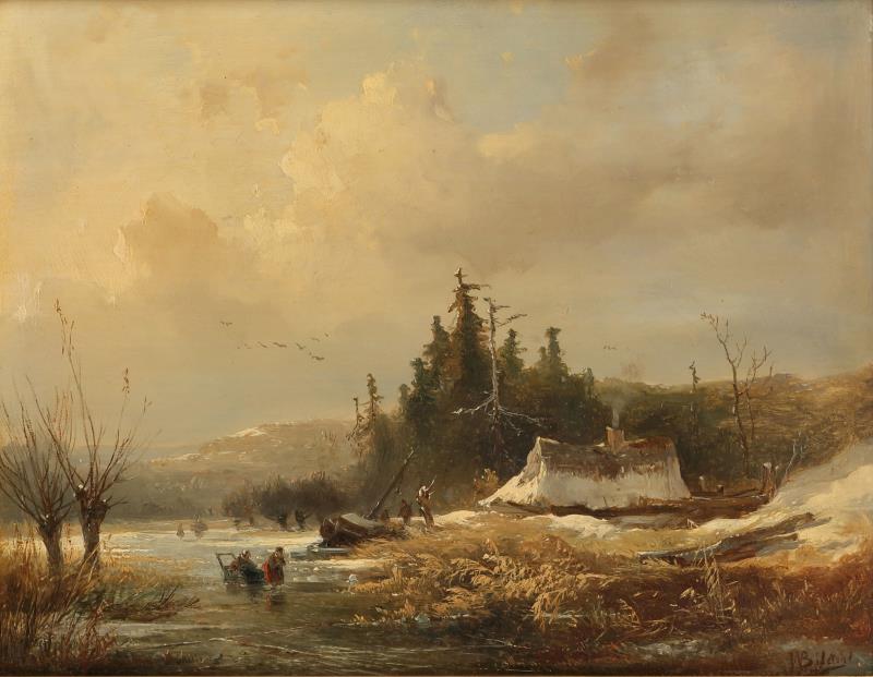 Johannes Warnardus Bilders (Utrecht 1811 - 1890 Oosterbeek, Renkum), Houtsprokkelaars op het ijs in een heuvelachtig landschap.
