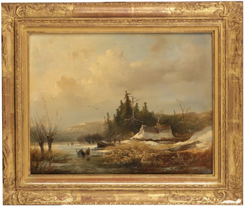 Johannes Warnardus Bilders (Utrecht 1811 - 1890 Oosterbeek, Renkum), Houtsprokkelaars op het ijs in een heuvelachtig landschap.